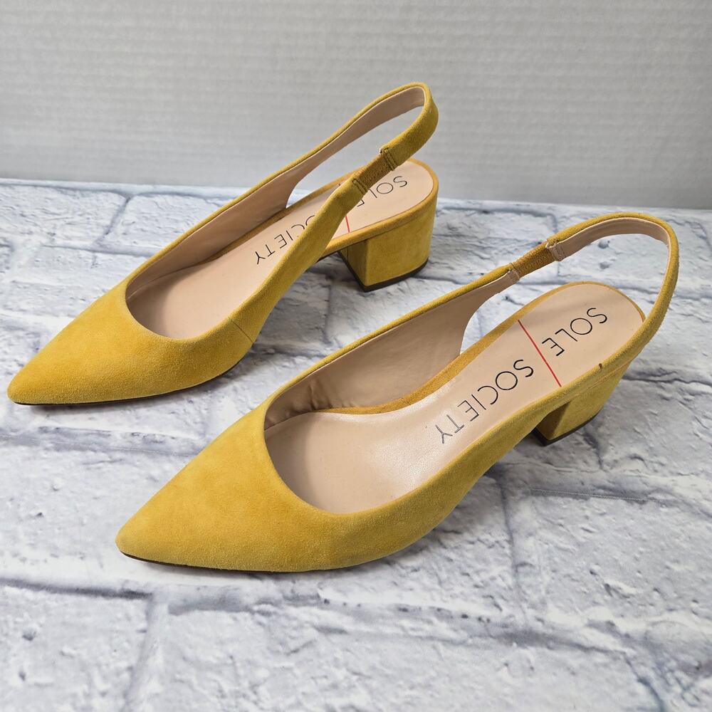 Sole Society Slingback Keilinah Pumps Mustard Suede Covered Heel size 8.5M - Picture 2 of 14